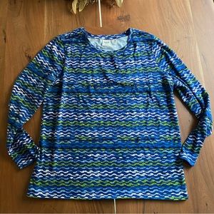 Rafaella Womens Long Sleeve Shirt Blue Green Wavy Striped Scoop Neck Size XL
